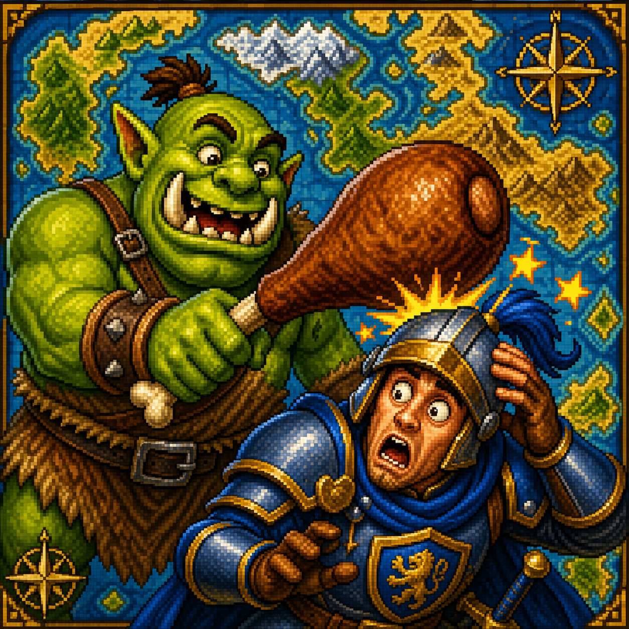 Comical ogre bonking a warrior with a leg of meat over a fantasy world map